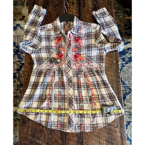 Johnny Was Candice Smock Plaid Floral Button Up Ladies Medium Top/Shirt/Blouse - Picture 12 of 16
